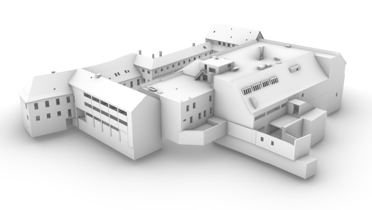 3D Gebäudemodell (BIM) von einem historischen Einkaufszentrum in Bayern
