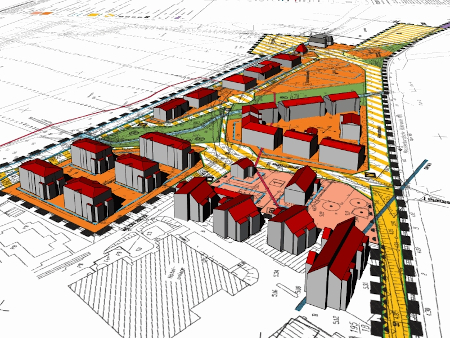 3D Visualisierung von Gebäudemodellen auf einem Bebauungsplan