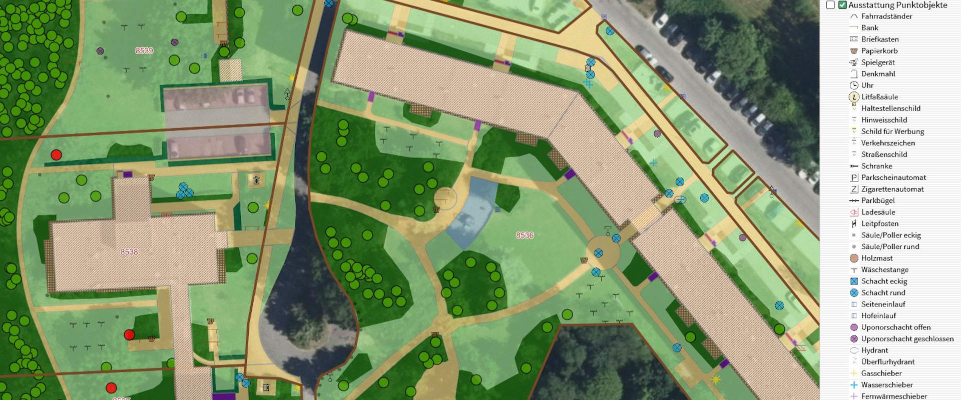 Visualisierung Grünflächenkataster in einem GIS Ausschnitt aus dem Grünflächenkataster (GIS) einer Wohnungsgesellschaft in Mecklenburg-Vorpommern