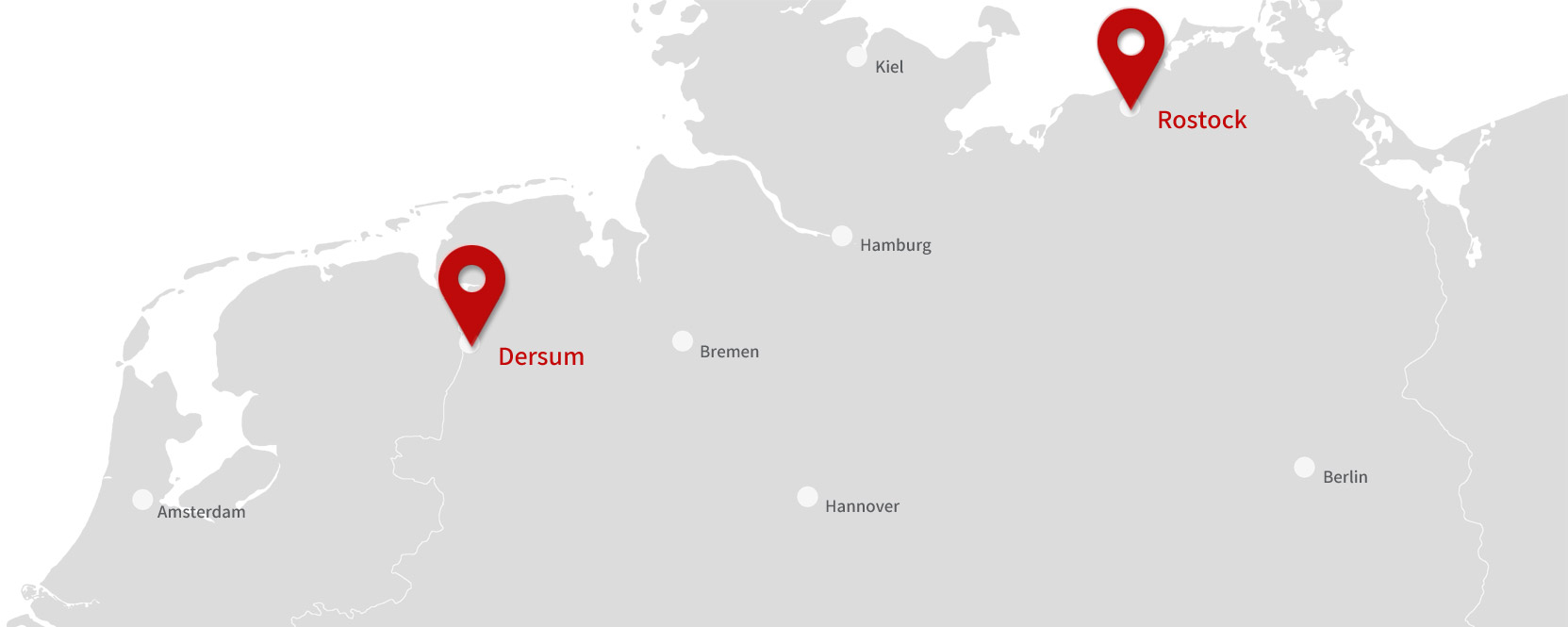 Karte von Norddeutschland mit Markierung unserer Standorte in Rostock und Dersum