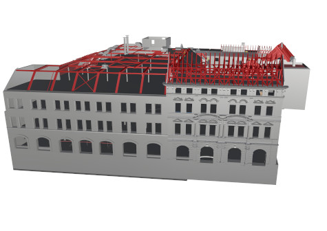 3D Visualisierung der Fassade und der Dachkonstruktion auf Basis von einem 3D Gebäudemodell eines Kaufhauses